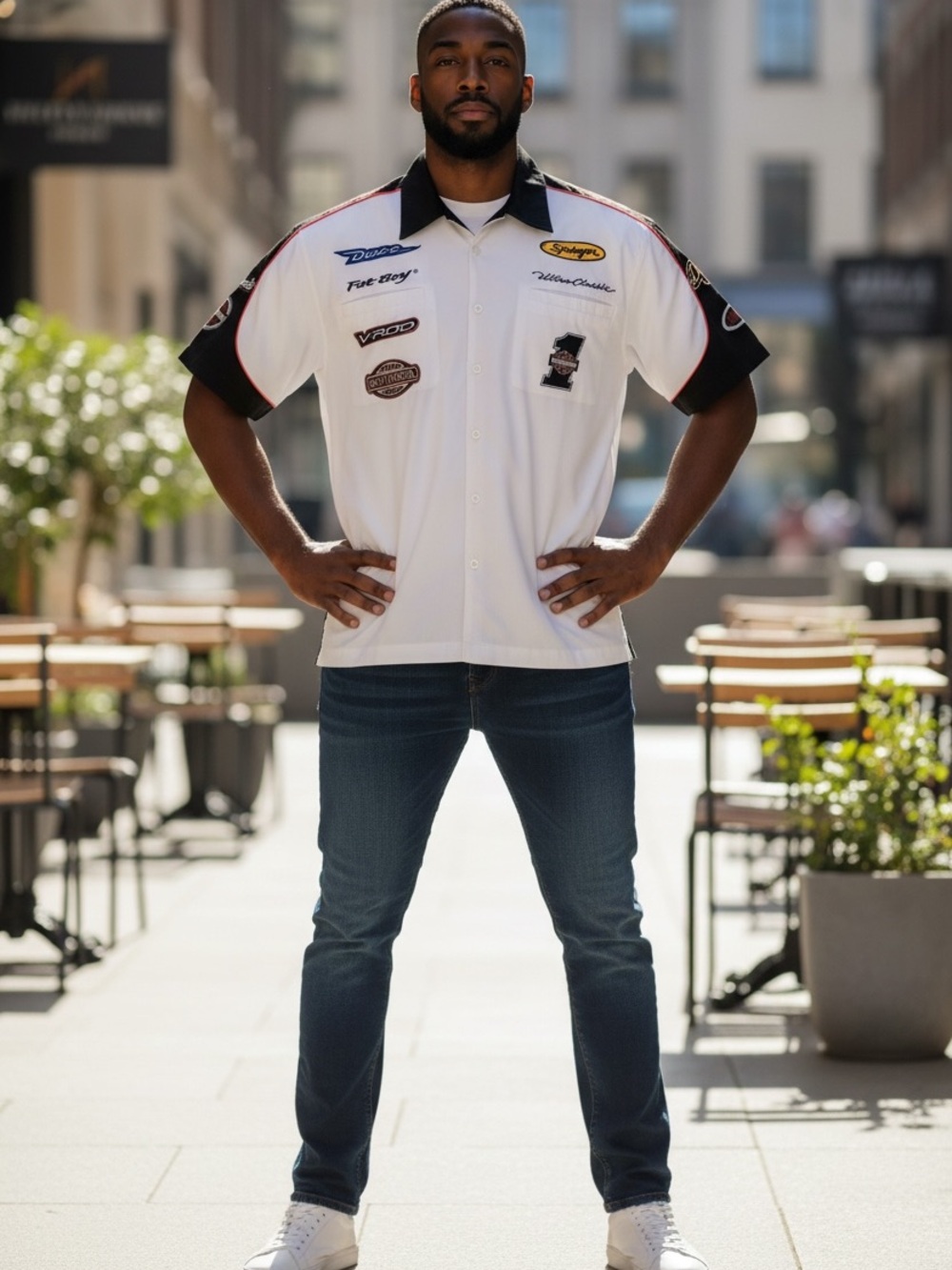 Vintage White Racing Patch Short-Sleeve Men’s Shirt
